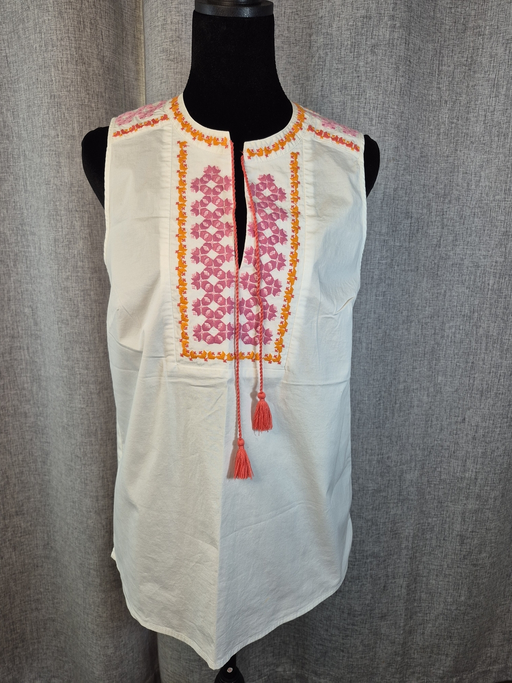 J.Crew Embroidered Tassel Top Size 8 White Pink Orange Beach Vacation